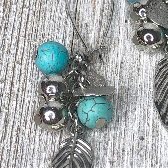 Faux Turquoise and Silver Feather Cluster Earrings - Picture 5 of 6